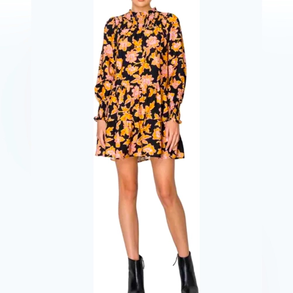 MELLODAY Mock Neck Long Sleeve Tiered Bohemian Boho Floral Dre…